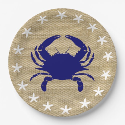 Blue Crab  White Starfish Nautical Beach Burlap Paper Plates