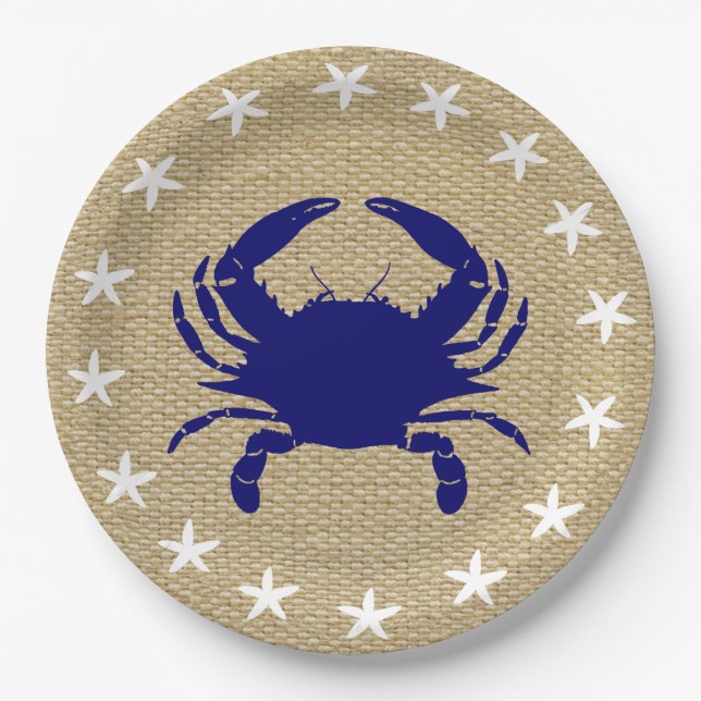 Blue Crab & White Starfish Nautical Beach "Burlap" Paper Plates (Front)