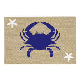 Blue Crab & White Starfish Nautical Beach "Burlap" Placemat
