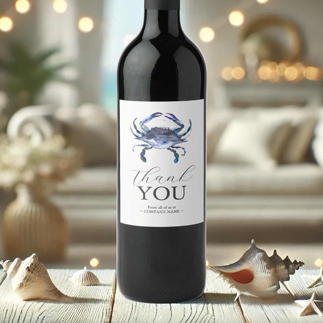 Blue Crab Wine Label Thank You (Wedding wine labels thank you with watercolor blue crab art by Victoria Grigaliunas DoTellABelle)
