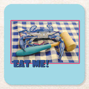 Blue Crab with mallet on gingham table cloth sayin Square Paper Coaster