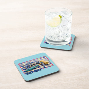 Blue Crab with mallet on gingham tablecloth Eat Me Beverage Coaster
