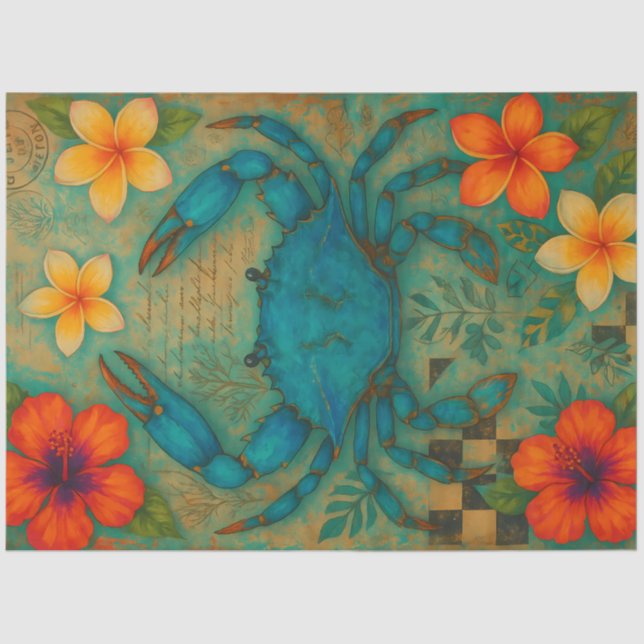 Blue Crab with Tropical Flowers Decoupage  Tissue Paper (Front)