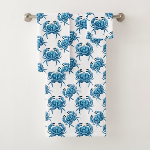 Blue Crabs Classic Coastal Pattern Bath Towel Set