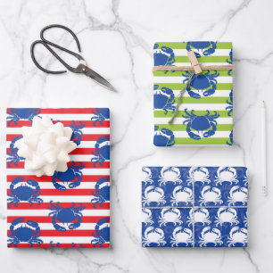 Blue Crabs Stripes Wrapping Paper Sheets