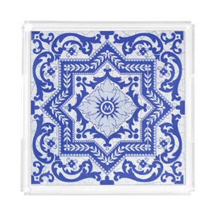 Blue Cracked Ceramic Style Azulejo Vintage Acrylic Tray