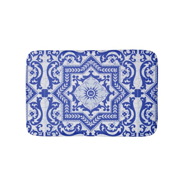 Blue Cracked Ceramic Style Azulejo Vintage Bath Mat (Front)