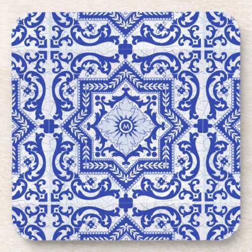 Blue Cracked Ceramic Style Azulejo Vintage Beverage Coaster