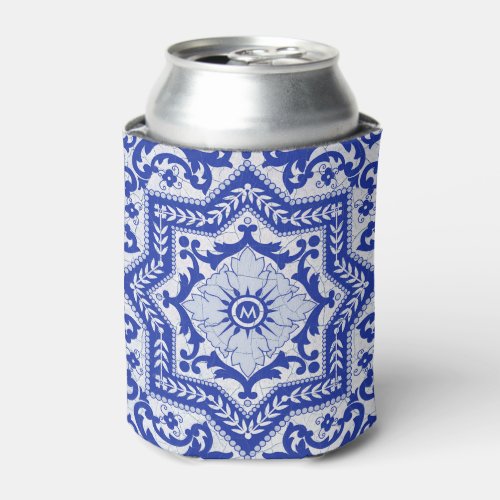 Blue Cracked Ceramic Style Azulejo Vintage Can Cooler