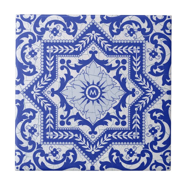 Blue Cracked Ceramic Style Azulejo Vintage Ceramic Tile (Front)