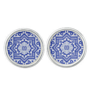 Blue Cracked Ceramic Style Azulejo Vintage Cufflinks