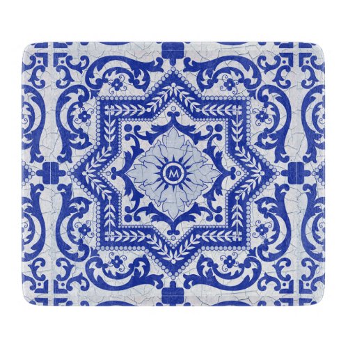 Blue Cracked Ceramic Style Azulejo Vintage Cutting Board