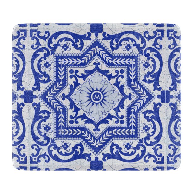 Blue Cracked Ceramic Style Azulejo Vintage Cutting Board (Front)