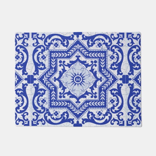 Blue Cracked Ceramic Style Azulejo Vintage Doormat (Front)