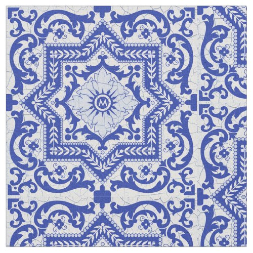 Blue Cracked Ceramic Style Azulejo Vintage Fabric