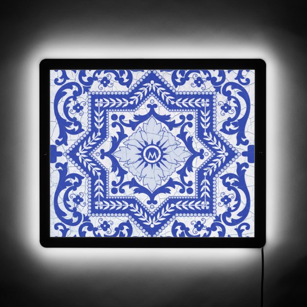 Blue Cracked Ceramic Style Azulejo Vintage LED Sign Zazzle