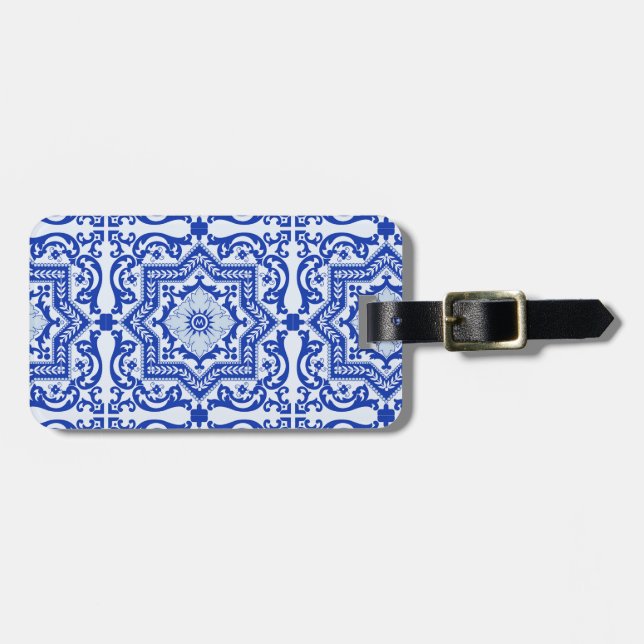 Blue Cracked Ceramic Style Azulejo Vintage Luggage Tag (Front Horizontal)