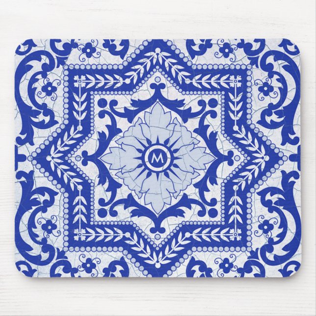 Blue Cracked Ceramic Style Azulejo Vintage Mouse Pad (Front)