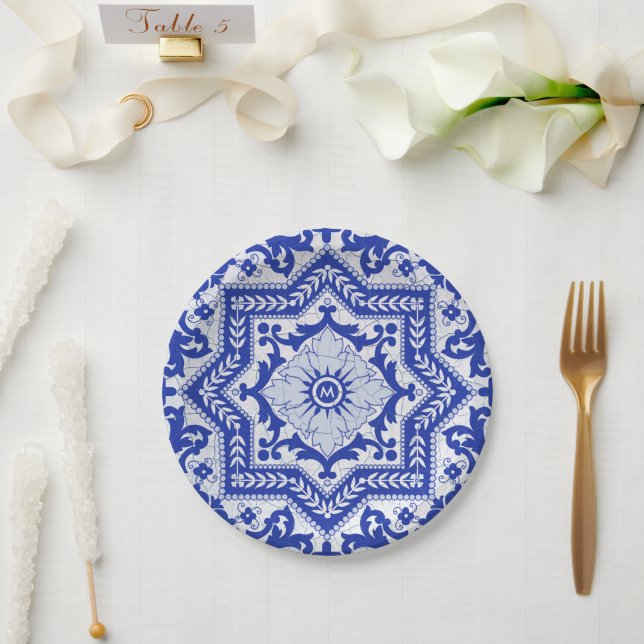 Blue Cracked Ceramic Style Azulejo Vintage Paper Plates (Wedding)