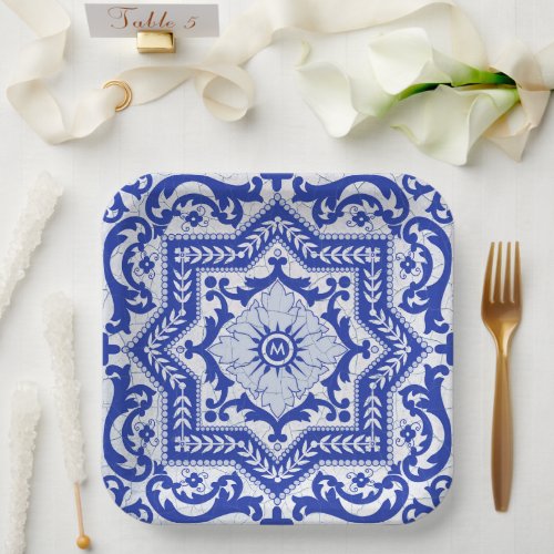 Blue Cracked Ceramic Style Azulejo Vintage Paper Plates