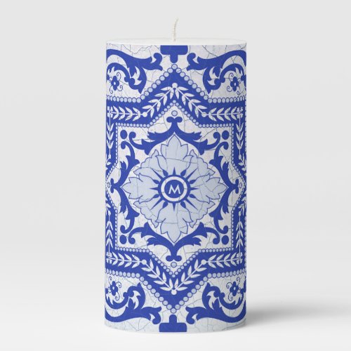 Blue Cracked Ceramic Style Azulejo Vintage Pillar Candle