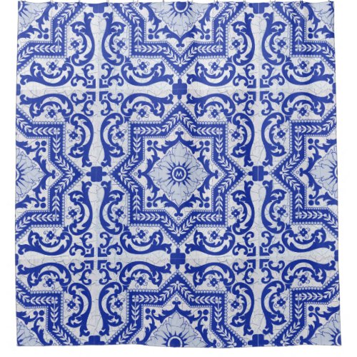 Blue Cracked Ceramic Style Azulejo Vintage Shower Curtain