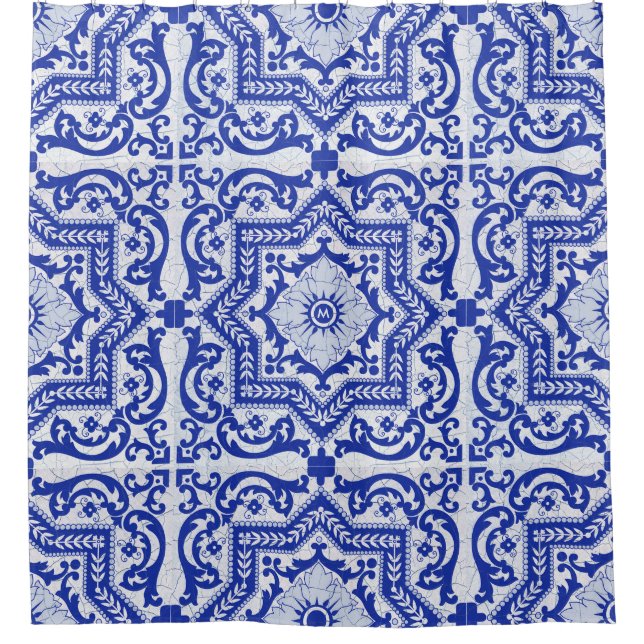 Blue Cracked Ceramic Style Azulejo Vintage Shower Curtain (Front)