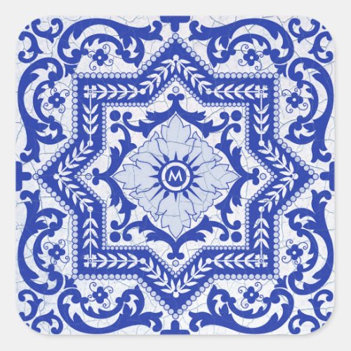 Blue Cracked Ceramic Style Azulejo Vintage Square Sticker