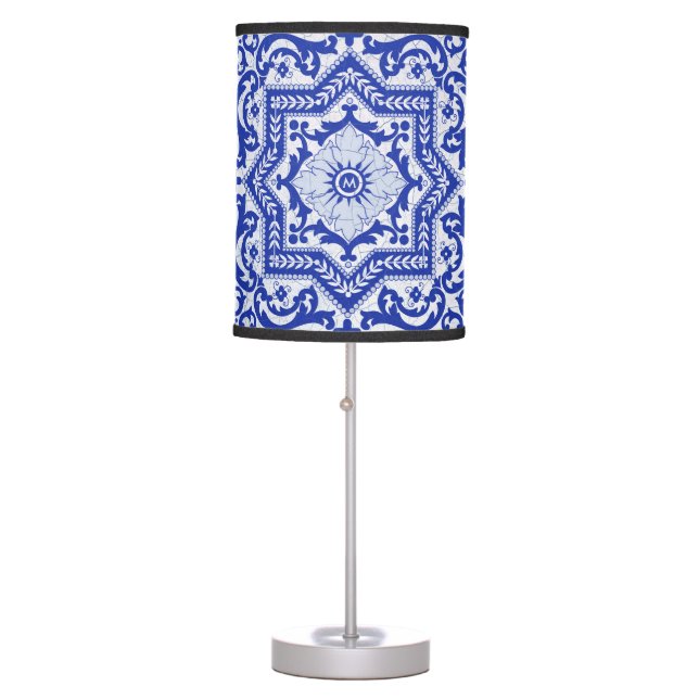 Blue Cracked Ceramic Style Azulejo Vintage Table Lamp (Front)