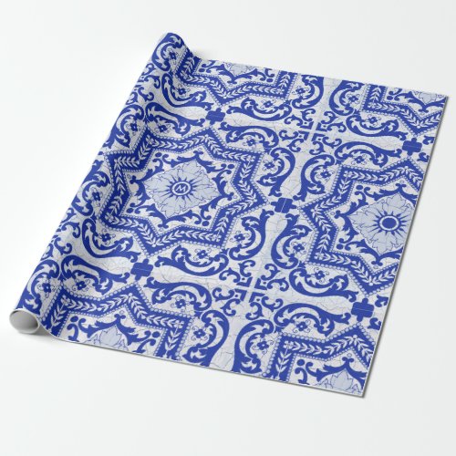 Blue Cracked Ceramic Style Azulejo Vintage Wrapping Paper