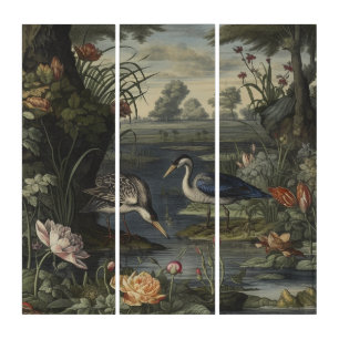 Blue Crane 3 Panel Botanical River Scene Panoramic