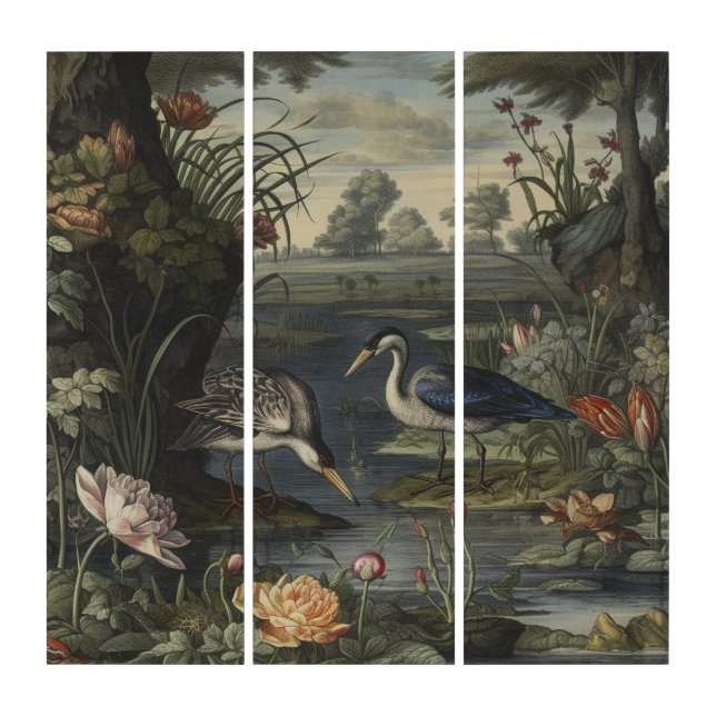 Blue Crane 3 Panel Botanical River Scene Panoramic (Front)