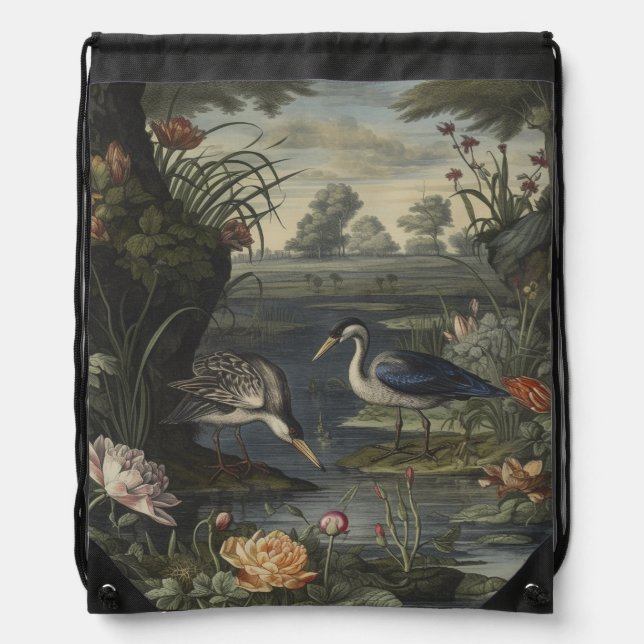 Blue Crane Antique Botanical Chinoiserie Drawstring Bag (Front)