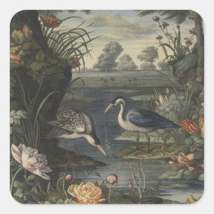 Blue Crane Antique Botanical Wedding Favor Square Sticker