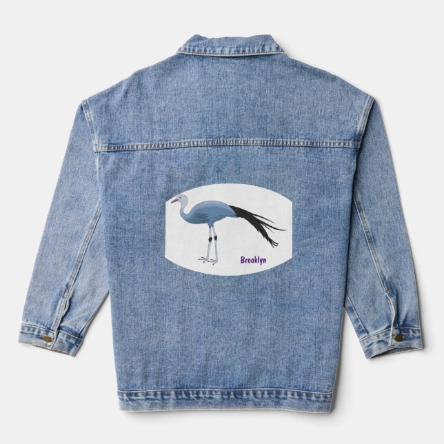 Blue crane bird cartoon illustration  denim jacket (Back)
