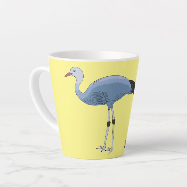 Blue crane bird cartoon illustration latte mug (Left Angle)