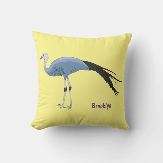 Blue crane bird cartoon illustration  throw pillow (Front)