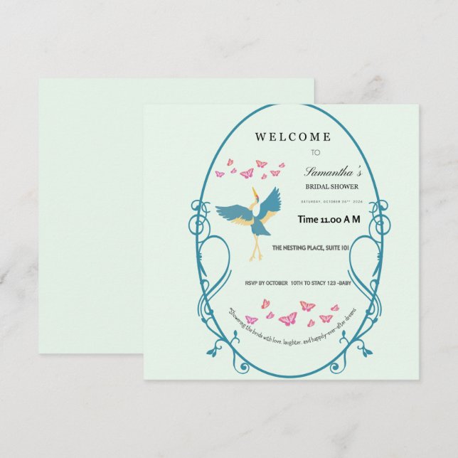 Blue Crane Bridal Shower Invitation - Customizable (Front/Back)