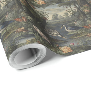 Blue Crane Chinoiserie Antique Botanical Heritage Wrapping Paper
