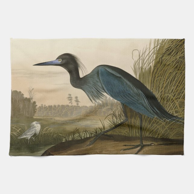 Blue Crane Heron Audubon Print Coastal Art Kitchen Towel (Horizontal)