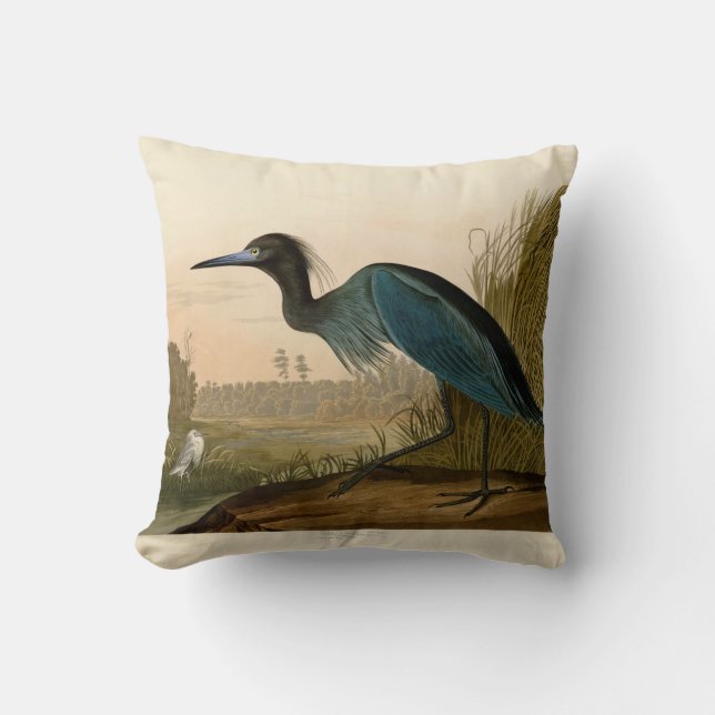 Blue Crane Heron Audubon Print Coastal Art Throw Pillow (Front)