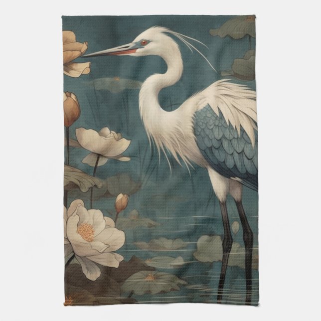 Blue Crane & Lotus Kitchen Towel (Vertical)