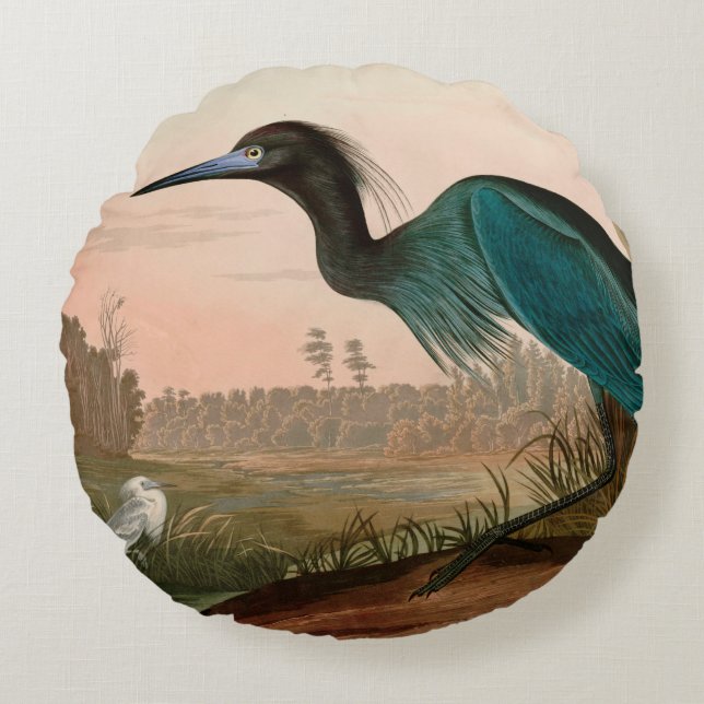 Blue Crane or Heron Birds of America Audubon Print Round Pillow (Front)