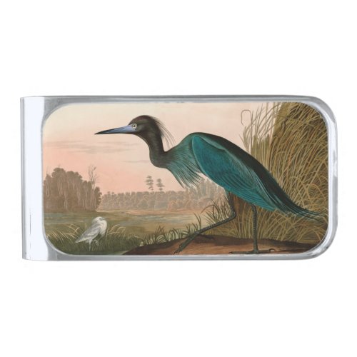 Blue Crane or Heron Birds of America Audubon Print Silver Finish Money Clip