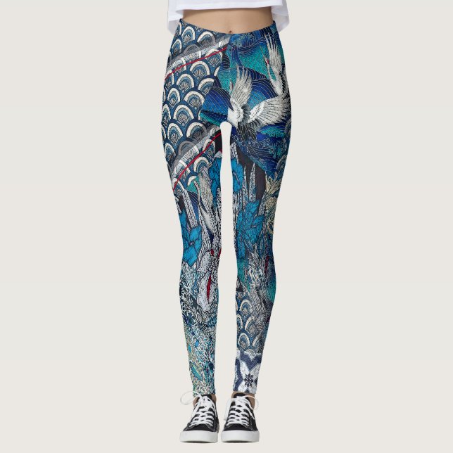Blue Cranes Flying Over Flowers Leggings (Front)