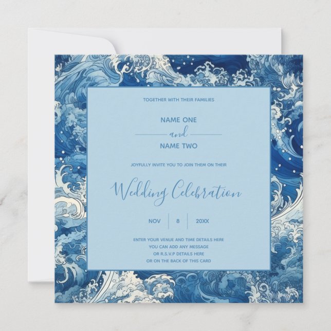 Blue crashing ocean waves summer beach invitation (Front)