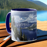 Blue Crater Lake Photo Snowy Mountain Landscape Mug<br><div class="desc">Stunning Crater Lake national park in Oregon is home to the scenic panorama photo on this custom coffee mug. Looking for the perfect gift for your nature lover and hiking enthusiast? The scenic mountain landscape sprawls across the cup, with snowy cliffs, alpine trees, deep blue water and a dramatic sky...</div>