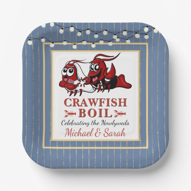 Blue Crawfish Boil Newlywed or Engagement Party Paper Plates (Front)