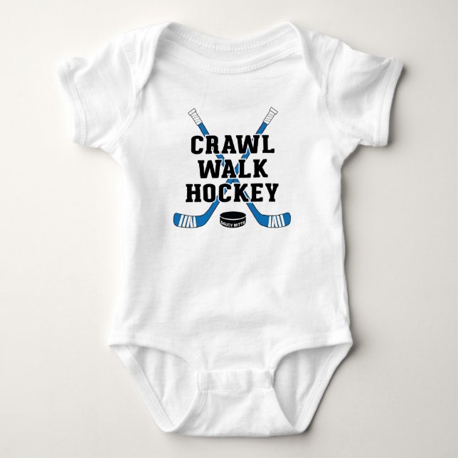 Blue Crawl Walk Hockey Sticks and Puck Cute Infant Baby Bodysuit (Front)