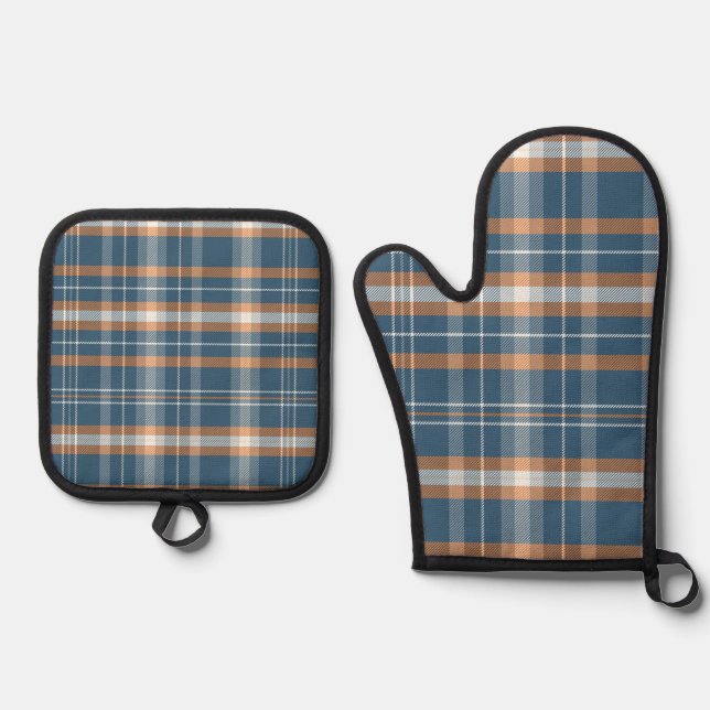 Blue, cream and orange plaid design oven mitt & pot holder set (Front)